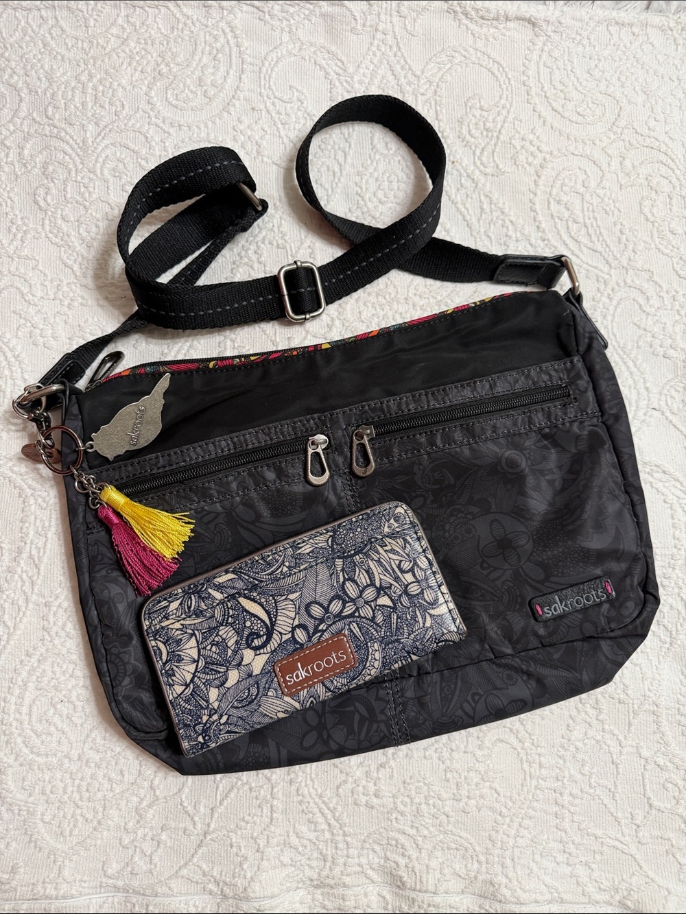 BUNDLE! Sakroots Black Crossbody Bag with Floral Print Wallet and Tassel Accents